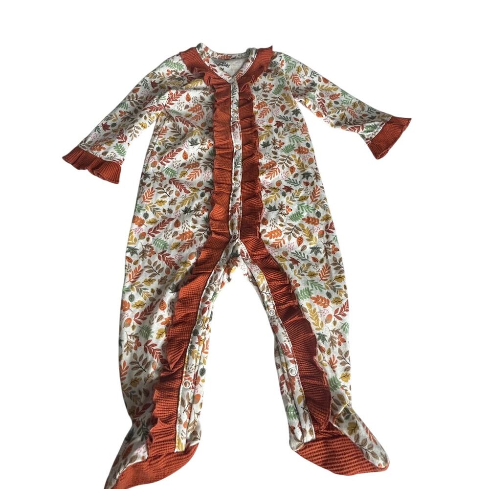 Baby Essentials sz 9 M Fall themed baby romper leaf print orange ruffles